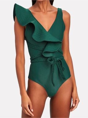 Deep Green Ruffle One-Piece Swimsuit with Braided Waist Tie